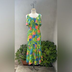 Vintage Hawaiian luau floral mermaid dress green orange S/M by Sydney Honolulu